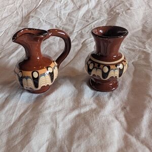 2/30$ Redware Bulgarian Tryoyan Potterie Brown Mini Pitcher and Vase Set
